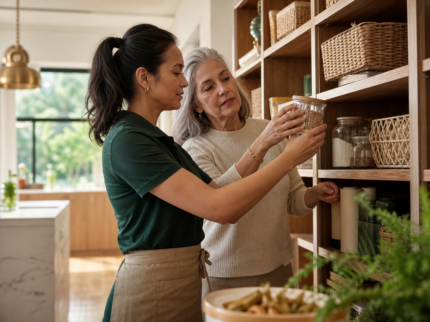 A customer and helper organizing a home together