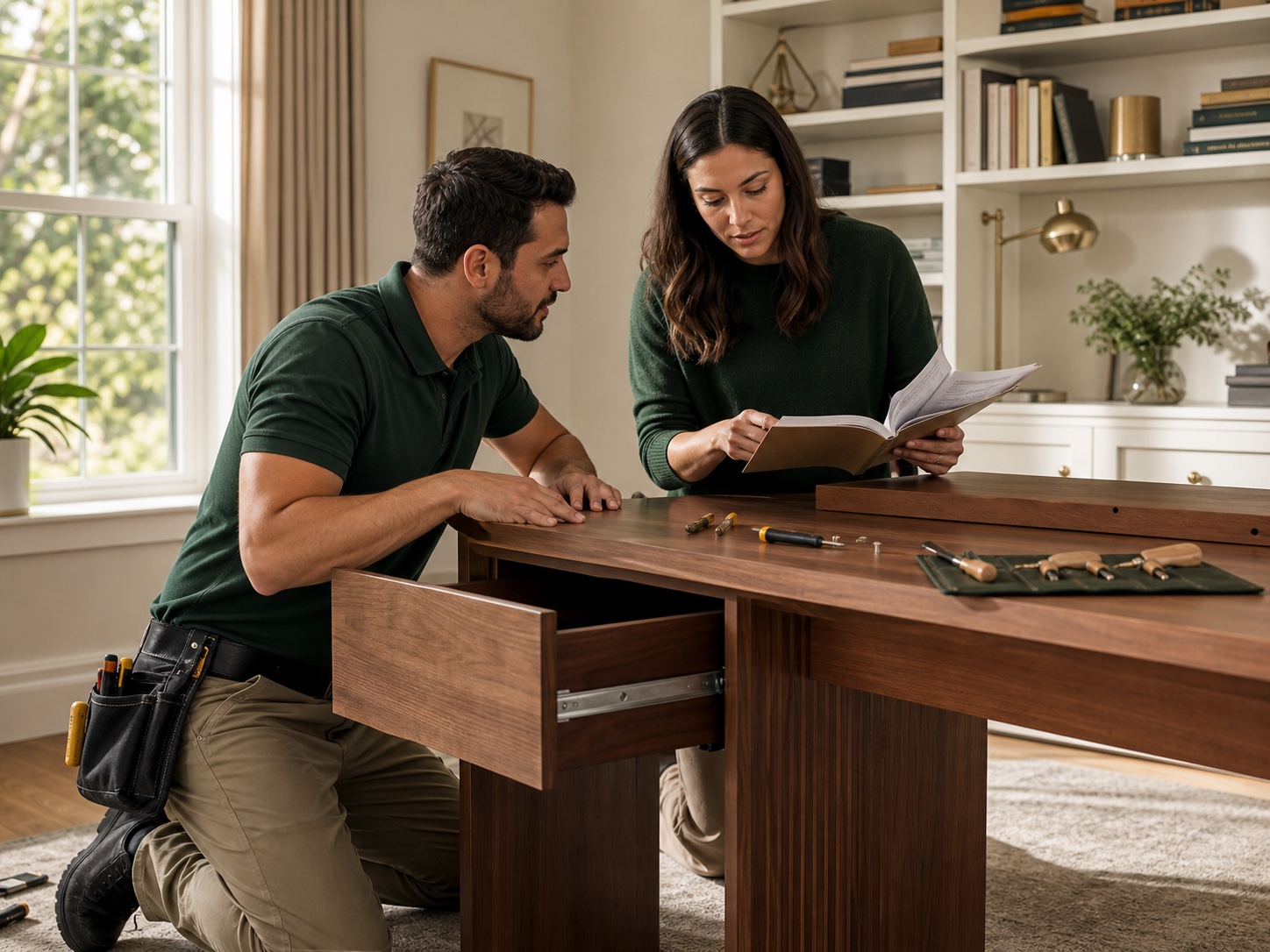 A customer and helper reviewing assembly instructions