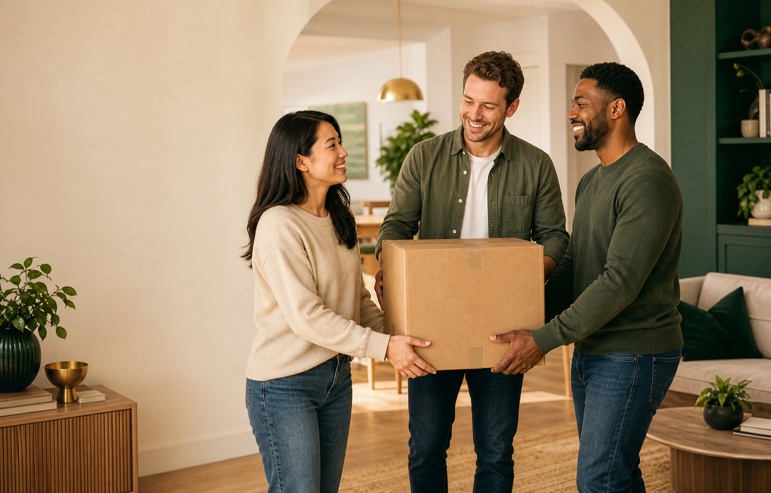 An Asian customer, White customer, and Black helper carrying a moving box together